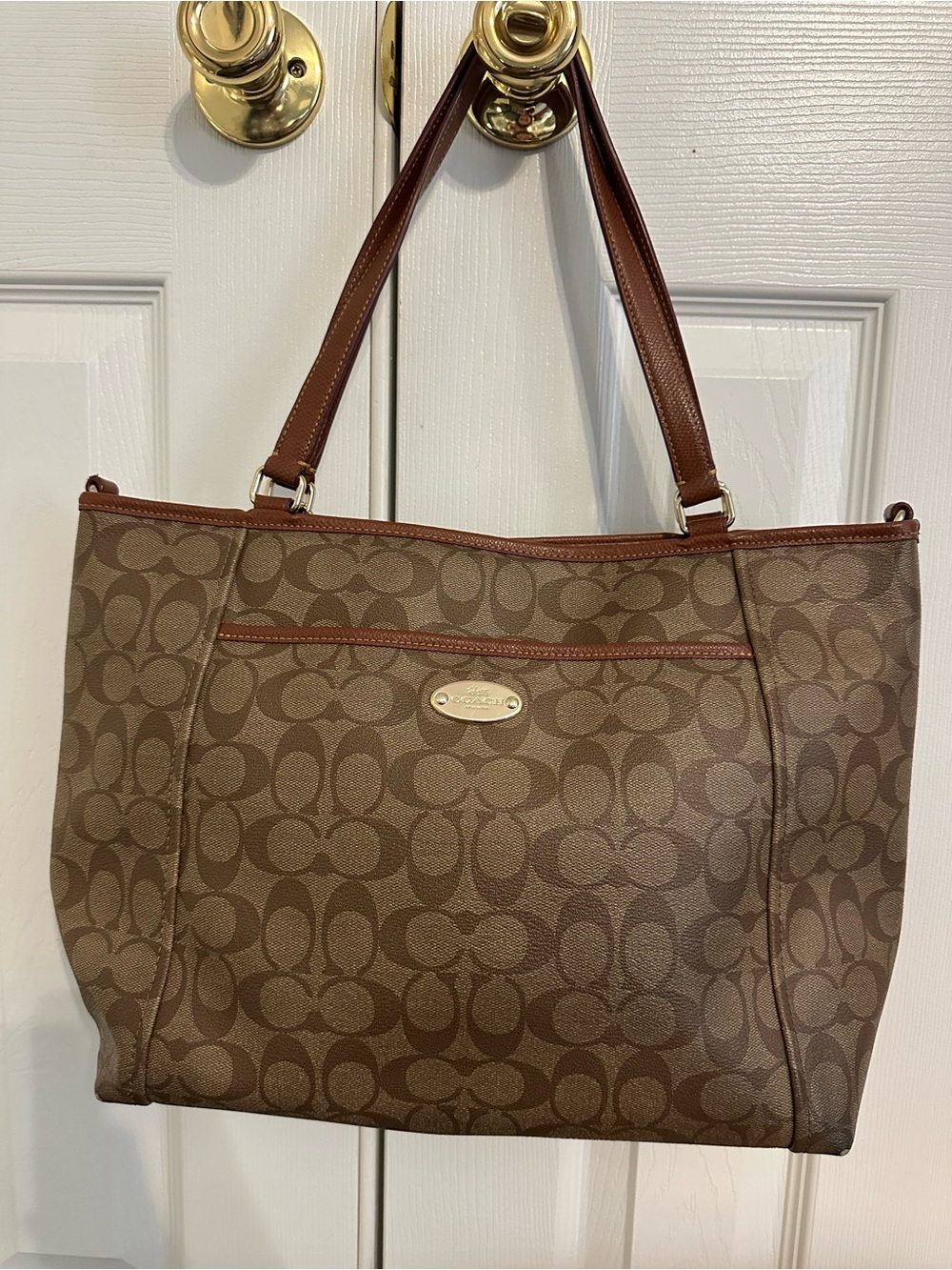 Coach F33998 Leather Signature Canvas Tote Bag in Brown 15x11